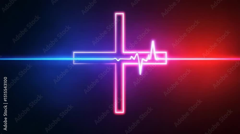 Neon cross with heartbeat glowing in red and blue light on dark background, symbolizing life, health, energy, and faith with vibrant and dynamic contrast for powerful visual impact