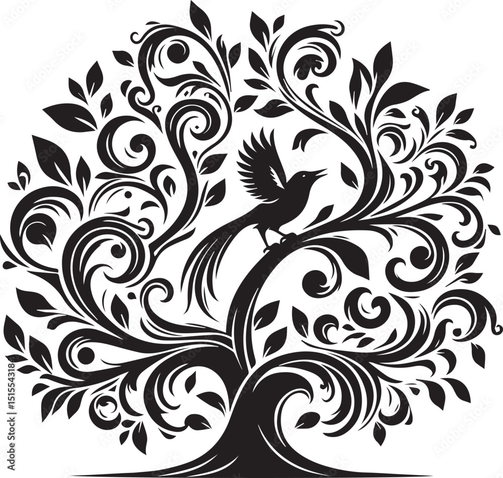 Elaborate Tree of Life with Stylized Bird Perched Elaborate Tree of Life with Stylized Bird Perched