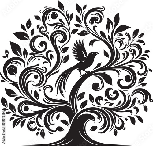 Elaborate Tree of Life with Stylized Bird Perched