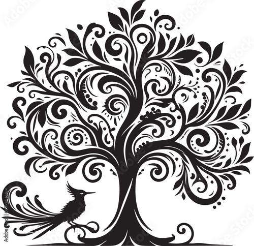 Stylized Tree of Life with Ornate Branches and Bird