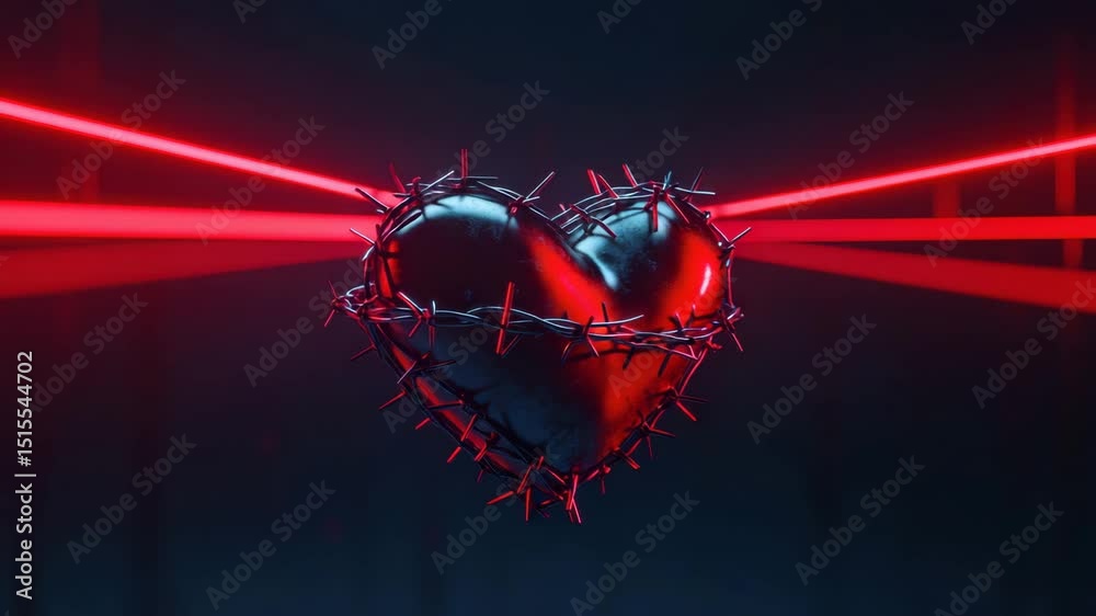 Black heart wrapped with barbed wire glowing with red laser beams in dark background, symbolizing pain, emotion, struggle, and love with dramatic glowing effect