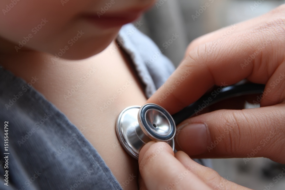 Fototapeta premium Caring Doctor Examining A Young Patient Close Up Stethoscope Touching A Child’s Chest Healthcare Professional