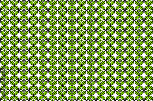 Elegant Kawung Batik pattern design with leaf elements in white and brown on a brown background. This symmetrical pattern exudes a classic and decorative feel, perfect for fabric, wallpaper or others.