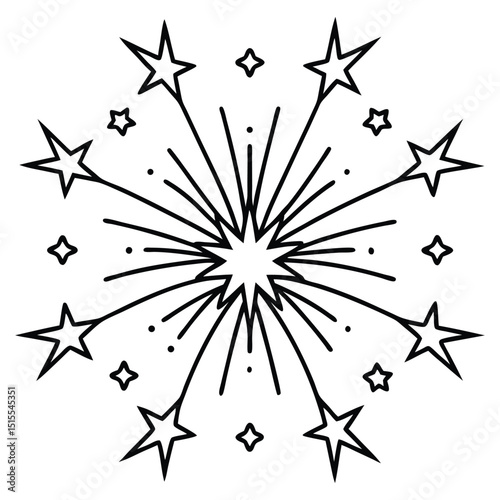 Vibrant Firework Explosion with Bursting Stars Dynamic Celebration Black and White