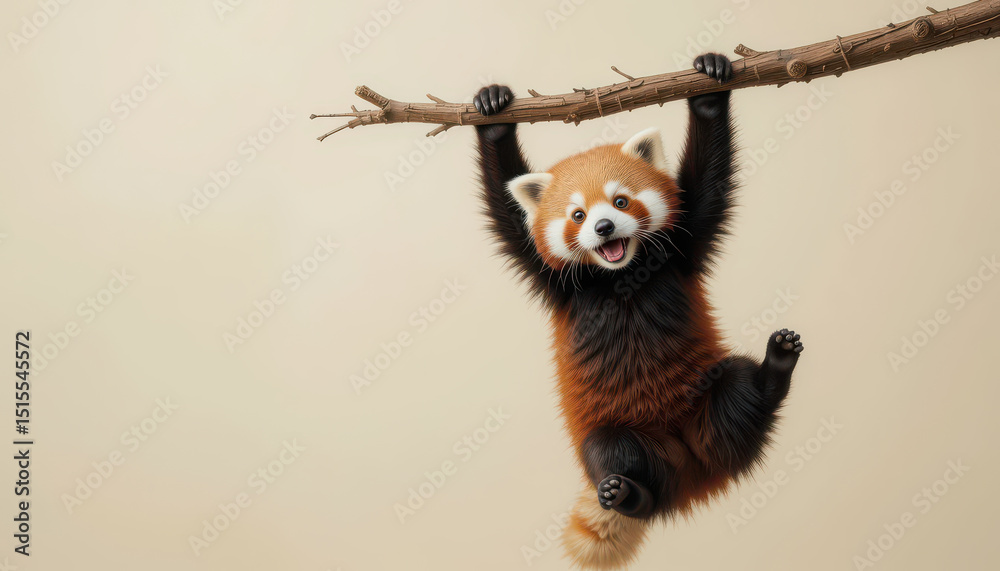 Obraz premium Red panda hanging with both paws from tree branch in playful cartoon pose on beige background, stylized wildlife animal with happy expression and fluffy tail for fun animal concept illustration