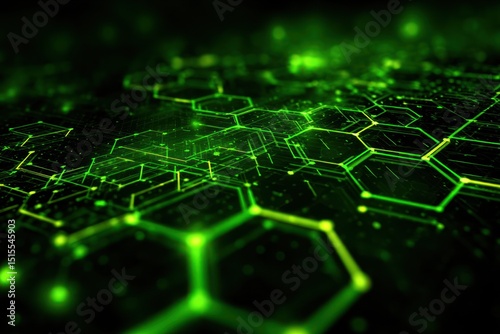 Abstract green hexagonal pattern with glowing lines and dots on a dark background.