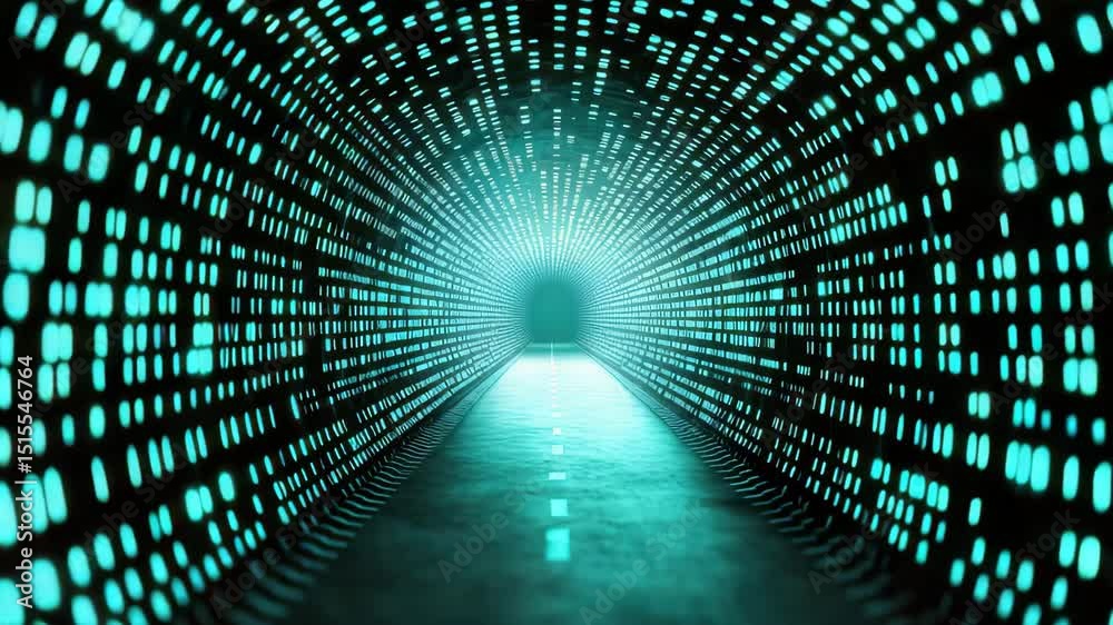 Futuristic digital tunnel with glowing blue light dots creating virtual corridor of technology and depth, leading to bright exit in high tech environment