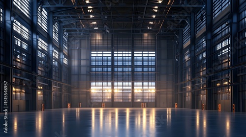 Empty industrial warehouse interior with high ceilings. photo