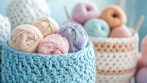 Pastel crocheted basket with yarn balls in a cozy setting photo