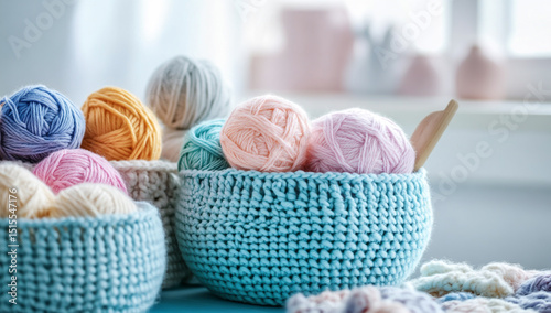Pastel crocheted basket with yarn balls in a cozy setting photo