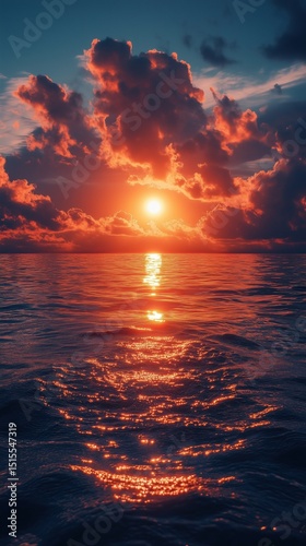 Beautiful and dramatic sunset over the ocean. Vibrant orange and red clouds and sunlight reflect on the water's surface, creating a peaceful, colorful nature seascape. Serene evening scene.