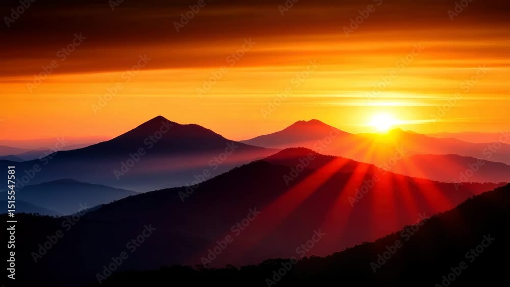 Sunrise over mountain landscape with vibrant orange sky, sun rays casting morning sunlight and silhouette, creating peaceful nature scene with misty hills and inspiring atmosphere Sunrise over mountain landscape with vibrant orange sky, sun rays casting morning sunlight and silhouette, creating peaceful nature scene with misty hills and inspiring atmosphere