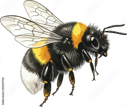 Watercolor bumblebee with fluffy body and wings realistic insect illustration in natural scientific vintage style