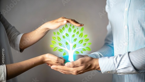 Two people gently hold and protect a glowing green tree, symbolizing environmental care and sustainability.