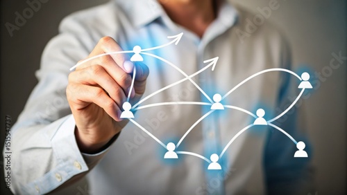 A person draws a virtual network of connected people icons, representing communication, teamwork, or social networking.