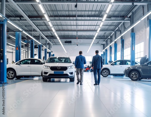 Two men walking through a car repair shop