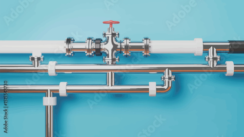 A close up of metal pipes and a valve with a red handle against a light blue colored background wall