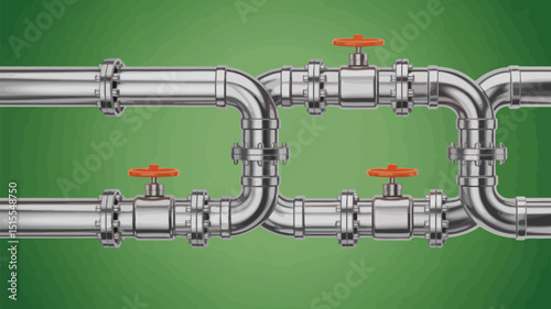 Interconnected silver pipes with orange valves on a green background forming a complex network system