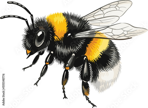 Watercolor bumblebee with fluffy body and wings realistic insect illustration in natural scientific vintage style