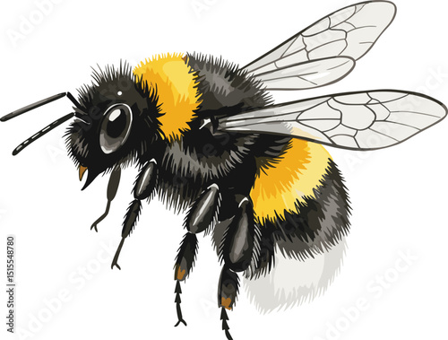 Watercolor bumblebee with fluffy body and wings realistic insect illustration in natural scientific vintage style