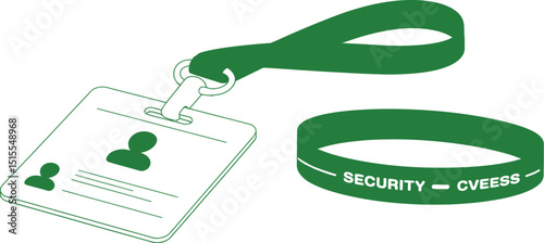 A security id badge with a green lanyard and a green security cveess wristband on a light green surface