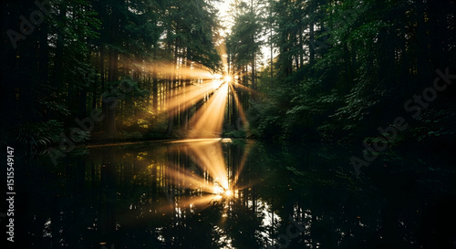 Enchanting Sunbeams Through Forest Canopy Illuminating Calm Lake Reflections