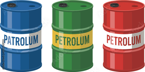 Three colorful petroleum barrels in blue green and red standing side by side with white background