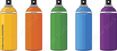 Five colorful spray paint cans lined up on a white surface with a reflective bottom and black nozzles
