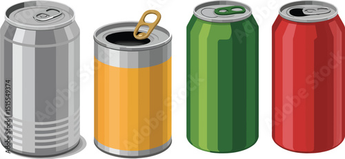 Four colorful soda cans standing in a row with silver, yellow, green and red on a white background