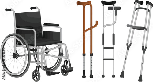 A wheelchair and three different types of crutches isolated on a white background illustration