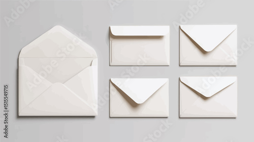 Arrangement of five white envelopes, one open and four closed, on a light gray background surface