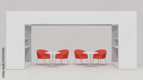 Minimalist interior setup featuring red chairs and white tables under a white archway structure