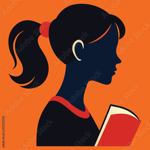 Woman silhouette reading book in profile with ponytail hairstyle vector ,