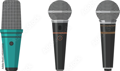 Three microphones in a row with different designs and colors against a white background studio shot