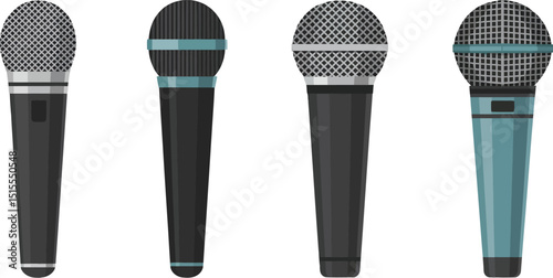 A collection of four microphones in varying styles and colors isolated against a white background