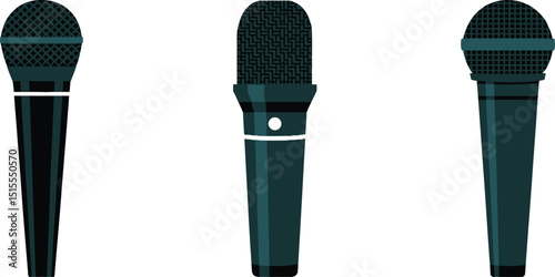 An illustration of three microphones with varying designs on a plain white background display