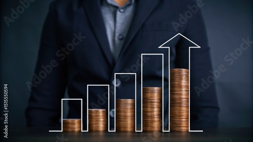 Stacks of coins form a rising bar graph in front of a businessperson, symbolizing financial growth and success.
