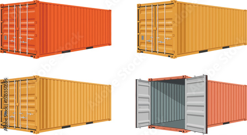 Representation of four isolated shipping containers in orange and yellow hues on a white backdrop
