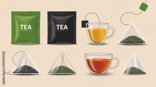 A collection of tea bags and cups filled with tea in various colors on a light brown background