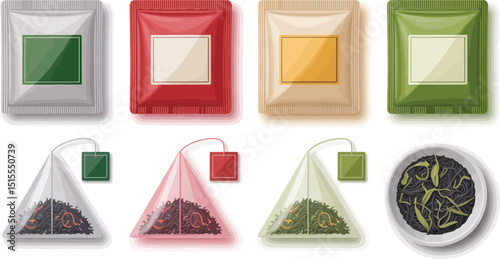 A collection of various colored tea bags and loose leaf tea in a white bowl on a white background