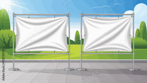 Two blank white banner stands on a tiled surface with green bushes and a blue sky in the background