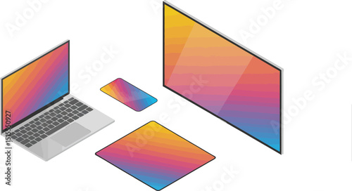 Isometric view of laptop tablet smartphone and tv with colorful gradient screens on white background