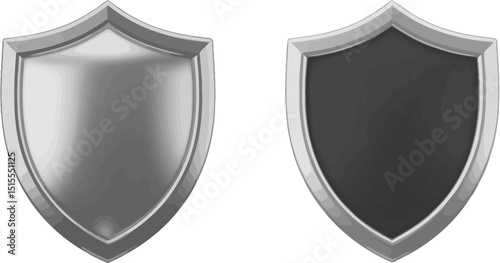 Two shields one silver and one black with silver trim on a white background in a studio setting