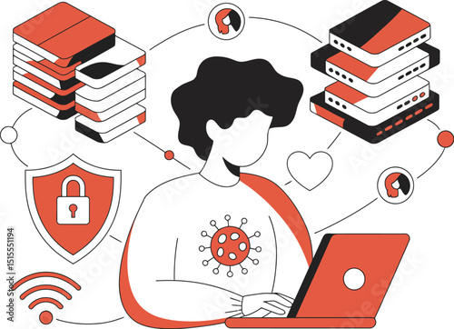 Illustration of a person using a laptop with server stacks and security icons surrounding them online