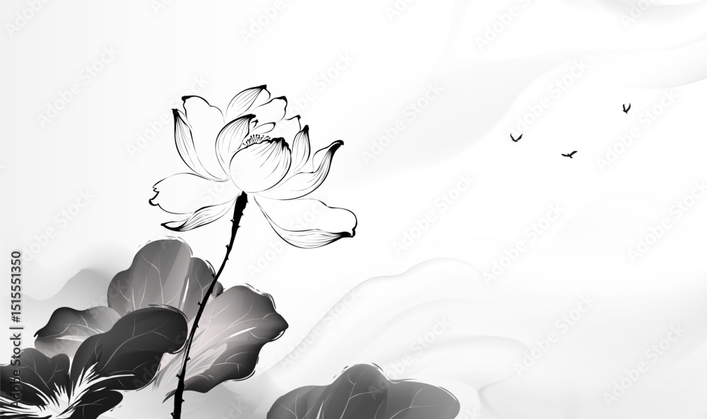 Fotografie Horizontal version of Chinese ink painting style lotus and landscape