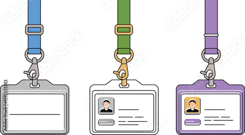Three id badges hanging with different colored lanyards against a coral colored background illustration