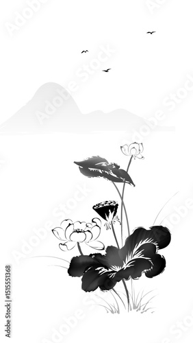 Vertical chinese style ink painting with lotus and landscape