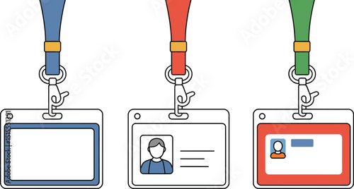 A graphic illustration of three identification badges with different colored lanyards and information