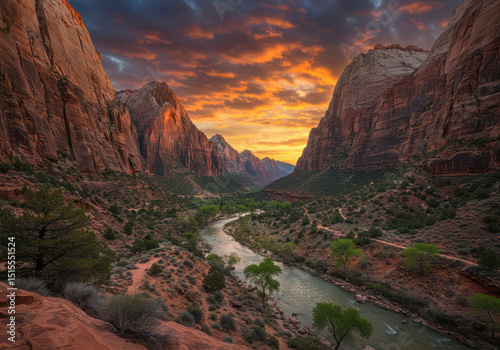 Zion national park utah scenic landscape photography of virgin river and canyon at sunset for travel posters