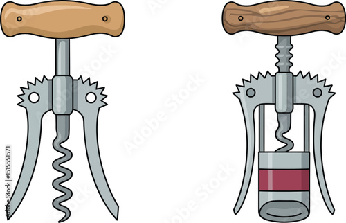 Two cartoon wing corkscrews with wooden handles and silver metal mechanisms on a white background